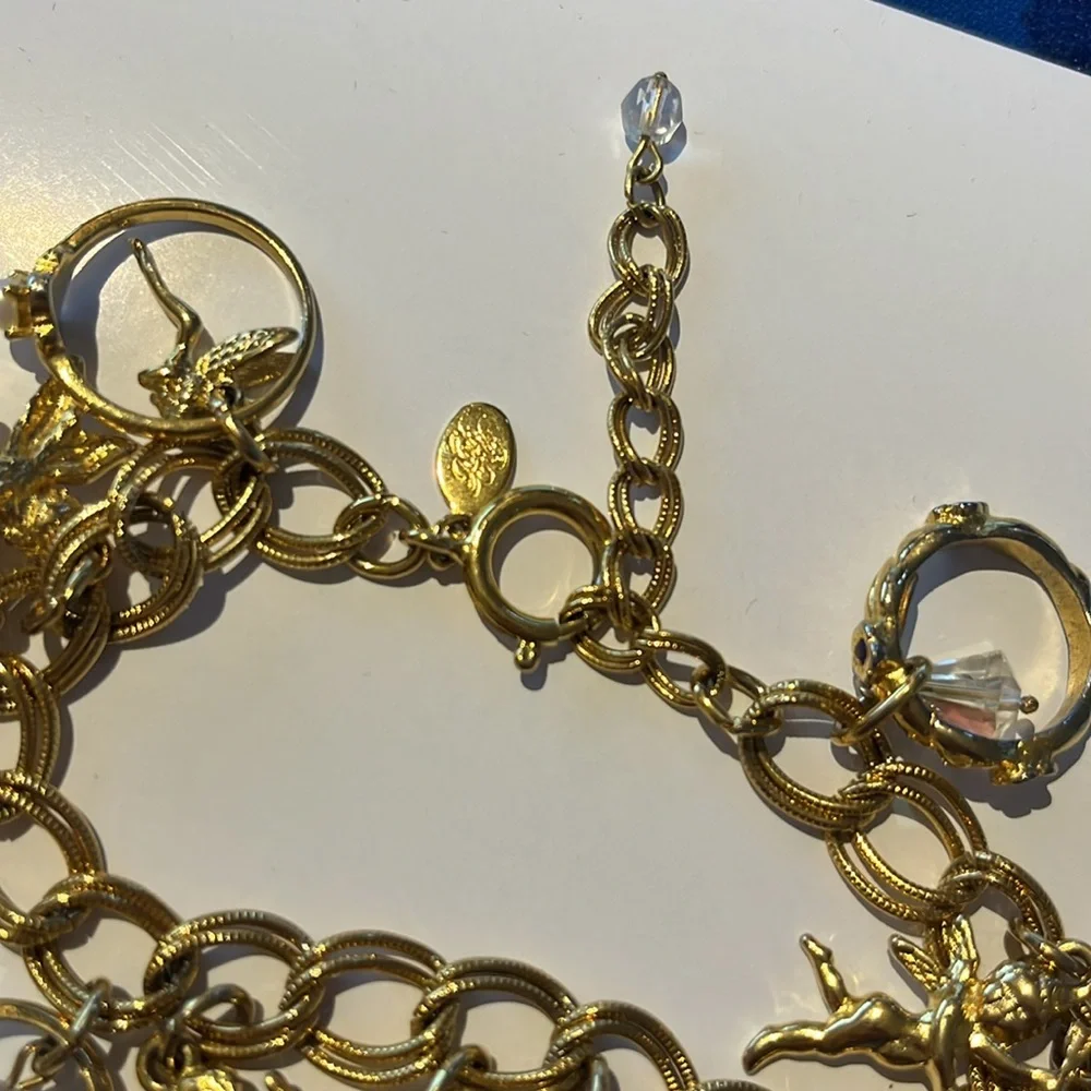 Kirks Folly charm bracelet crystal gold rings hearts cherubs dangles -Bnwot - Picture 11 of 15